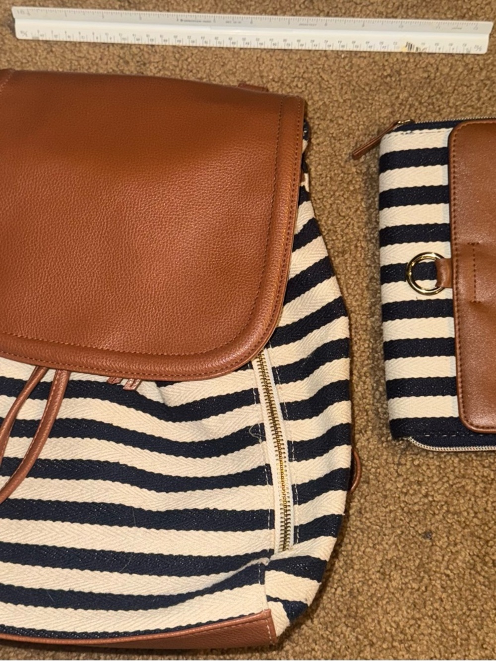 Striped Canvas and Brown Faux Leather Backpack AND matching wallet- Navy & Cream